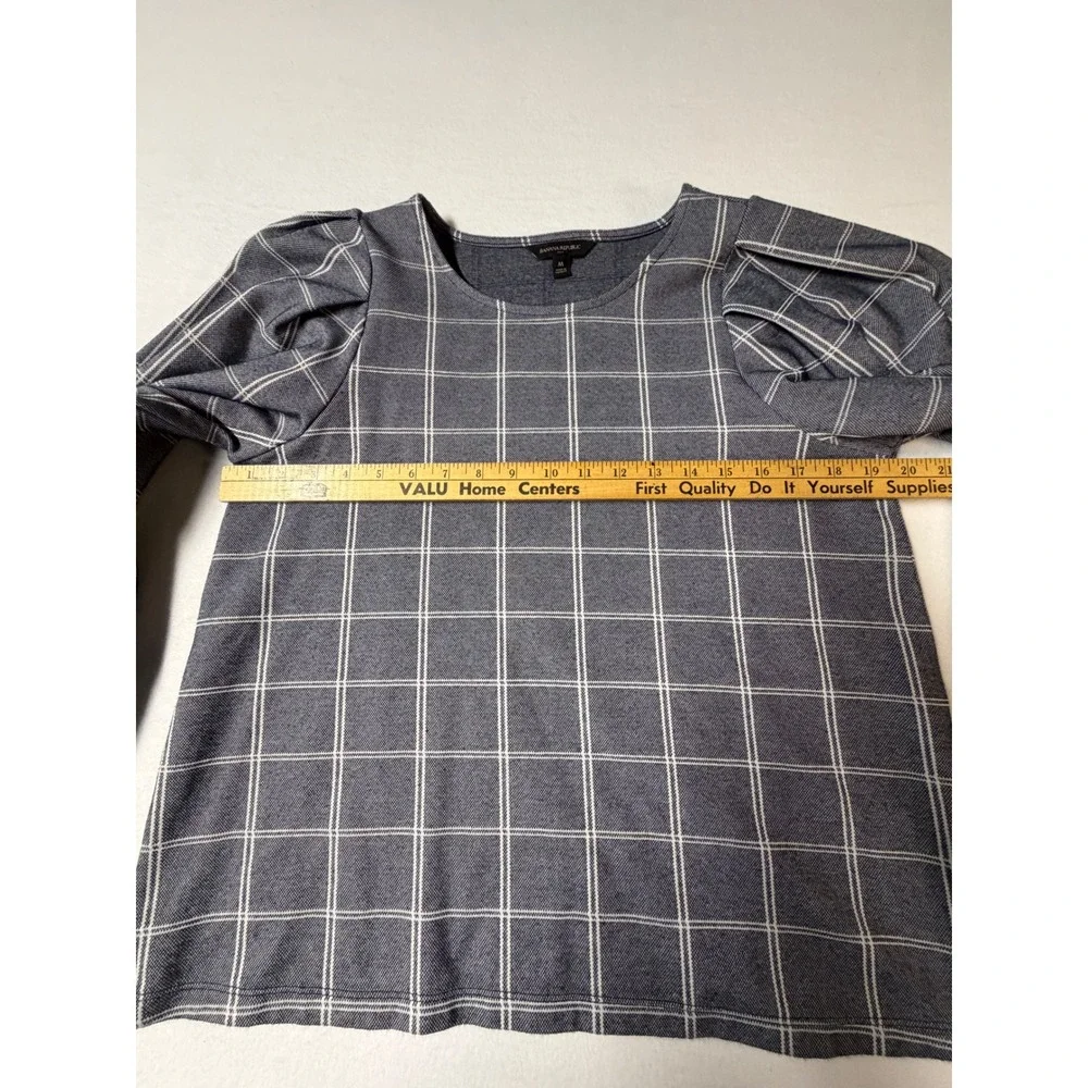 Banana Republic Windowpane Plaid‎ Puff Sleeve Knit Top Navy Womens M
